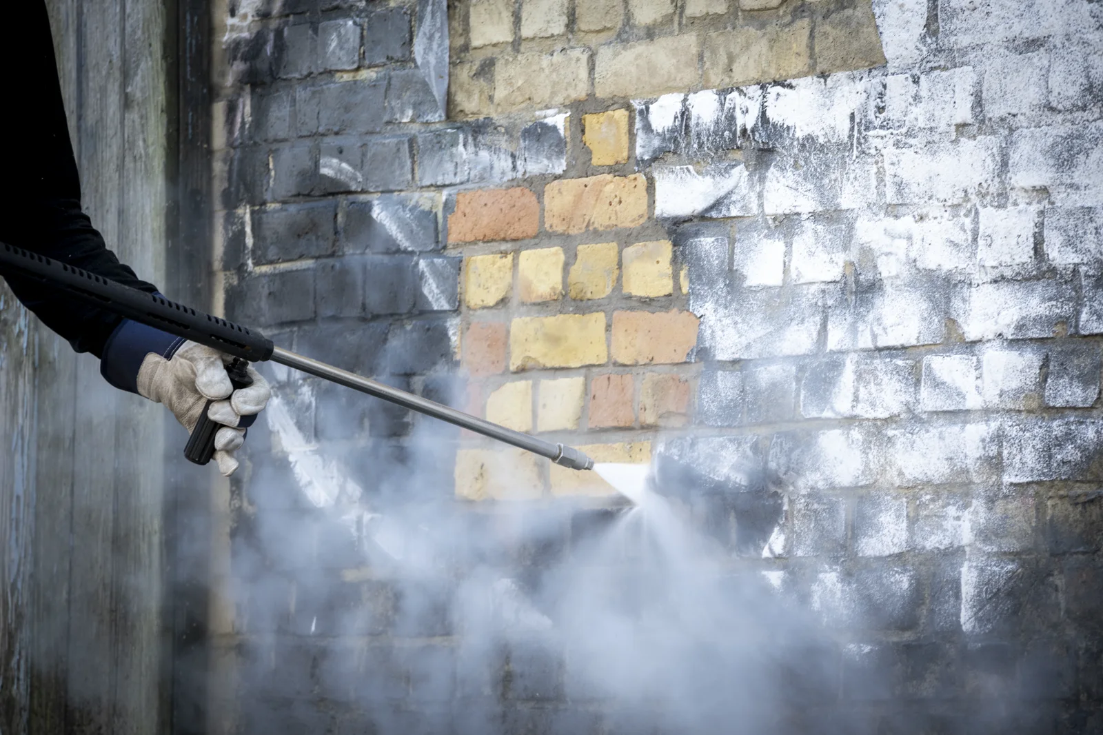 Lance de nettoyage projetant de la vapeur sur un mur en brique et pierre